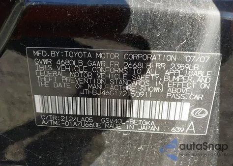 2007 Lexus Es 350 from USA, damaged, VIN JTHBJ46G172150911